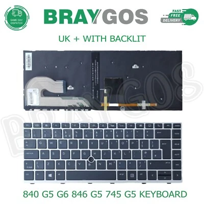BRAYGOS Teclado para computadora portátil HP EliteBook 840 G5 G6 846 G5 745 G5 Reino Unido + retroiluminado y puntero