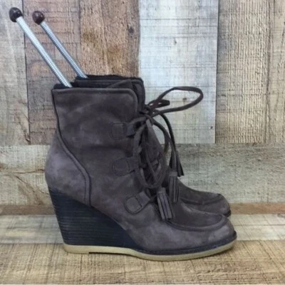 Lands End Brown Wedge Boots Womens 7.5B Tassel Lace Up Ankle Bootie - Image 1 of 4