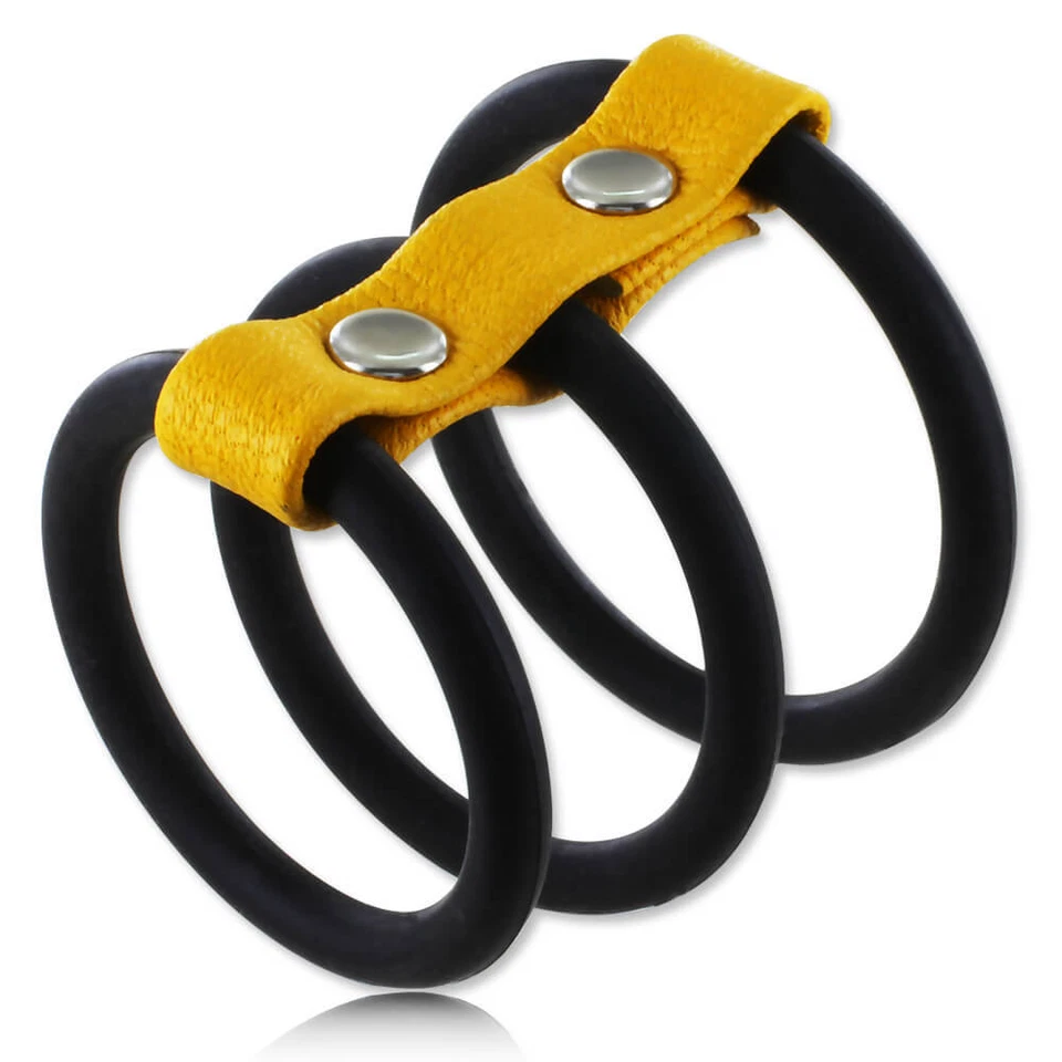 Cockring double anneau de verge silicone noir et cuir jaune - Photo 1/1