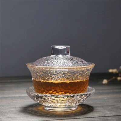 Juego de té de vidrio Gaiwan Kung Fu de 3,66" resistente al calor con estampado de martillos tazón de té regalo Foto 1 de 4