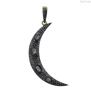Rose Cut Polki Diamond Crescent Moon Pendant 925 Silver Handmade Wedding Jewelry - Picture 1 of 4