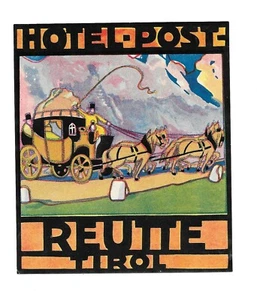 Vintage Hotel Luggage Label HOTEL POST Reutte Tirol Austria - Imagen 1 de 2