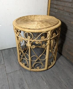 Vintage Boho Chic Wicker Rattan Peacock Spiral Round Drum Table Plant Stand - Picture 1 of 20