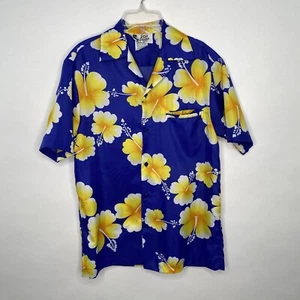 Vintage Hilo Hattie S Aloha Shirt Blue Yellow Floral Hawaiian USA Bright S/S EUC - Picture 1 of 7