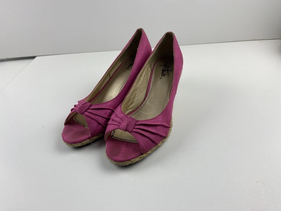 Zapatos de cuña Life Stride rosa punta abierta tacón alto tejido cuña lazo Foto 1 de 4