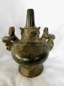 Jarrón de botella de artículos negros Lambayeque precolombino 900-1470 AD con GUERRERO-Chimú - Imagen 1 de 8