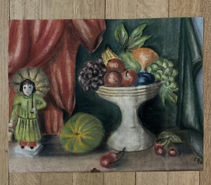 Vintage Oil? Pastel on Paper Victorian Doll Fruit Still Life Signed ERG 11”x14” - Picture 1 of 9
