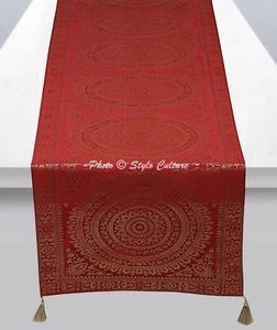 Indian Decorative Table Runner Christmas Burgundy Brocade Round Mandala Tassels - Picture 1 of 5