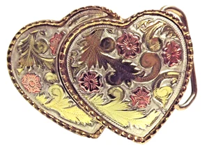 VTG DOUBLE HEARTS Belt Buckle USA Made WESTERN Engraved FLORAL Gold Silver Tone - Picture 1 of 7