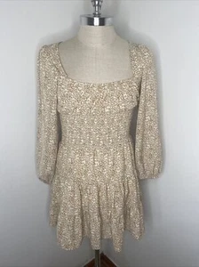 Princess Polly Dress US 4 EU 36 UK 8 White Tan Floral Tiered Midi Long Sleeve - Picture 1 of 9
