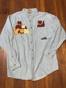 Vintage Embroidered Denim Button Down Shirt Size L Womens Cat Cottagecore Top - Picture 1 of 6