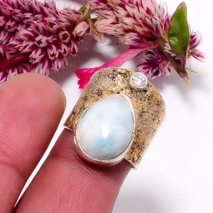 Anillo de plata de ley 925 de diseño de dos tonos de topacio blanco y larimar natural s.6 S25 - Imagen 1 de 2
