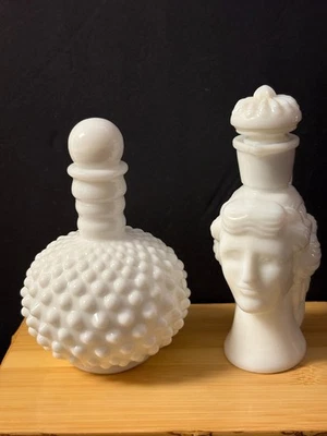 1- Vintage White Milk Glass Hobnail & 1- Grecian Pitcher Perfume Bottles 6"Tall  - Image 1 of 4