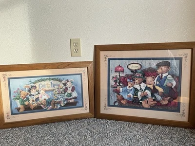 Vintage God Bless This Home And Welcome Bear Photo Prints Wooden Frames - Image 1 of 4