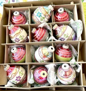RADKO SHINY BRITE OSTER GLAS EIER & KUGEL ORNAMENTE 12ER SET ROSA LILA GRÜN - Bild 1 von 12