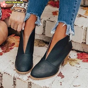 Womens Ladies Ankle Boots Chunky Sole Block Heels Chelsea Slip On Shoes Size UK - Picture 1 of 12
