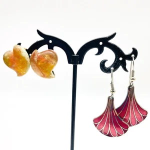 Colorful Earrings Lot of 2 Orange Heart Clip On Red Pink Gingko Leaves Pierced - Picture 1 of 15