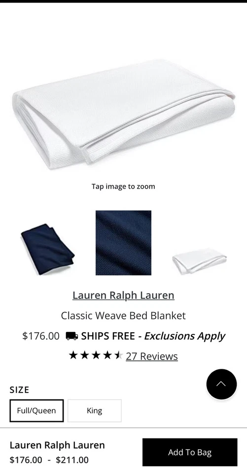 Lauren Ralph Lauren Blanket White Willa Classic Weave Basketweave Full/Queen