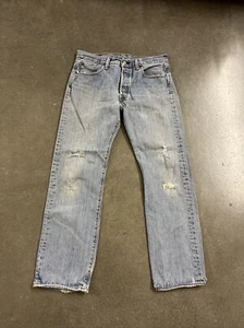 Levis 501 Button Fly Distressed Worn Faded 33 x 30 Classic Straight Jeans - Picture 1 of 12