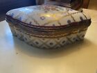 ANTIQUE GERMAN PORCELAIN DECORATED COVERED JEWELRY BOX BRASS Lidded 8”