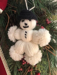 vintage Snowman Christmas Hanging Ornament Yarn 4 1/2" Tall Black Crochet Hat - Picture 1 of 7