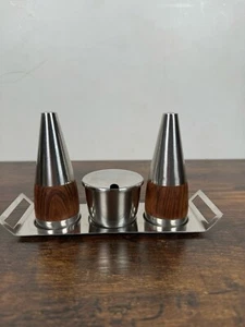 STELTON Denmark Stainless Teak Salt Pepper Shaker Cruet Set Mustard Pot Tray MCM - Picture 1 of 5