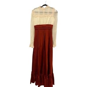 Vintage Damen Spitzen Mieder Satin Rock Maxikleid Langarm Rüschensaum transparent - Bild 1 von 5