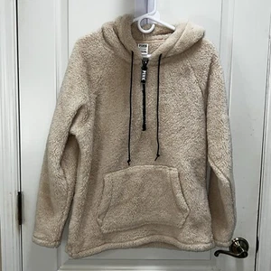 PINK Victoria's Secret Tan Varsity Fleece Sherpa Half-Zip Pullover Hoodie SMALL - Picture 1 of 11