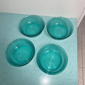 Arcoroc Vintage Cereal Bowl Teal Jardiniere Ribbed Glass Soup Set of 4 France - Picture 1 of 7