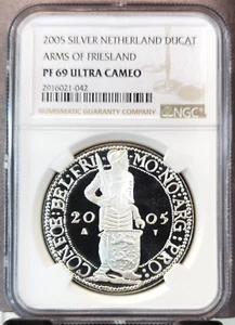 1995 NETHERLANDS SILVER 1 DUCAT ARMS OF FRIESLAND NGC PF 69 ULTRA CAMEO TOP POP - Picture 1 of 3
