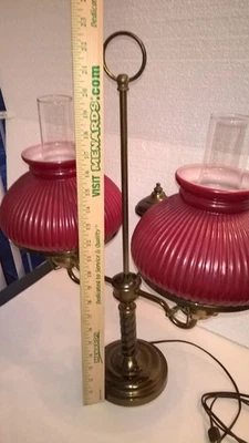 Brass Vintage Double Arm Victorian Style Student/Desk Lamp, Ribbed Glass Shades - Image 1 of 4