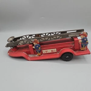 Vintage 1950’s Metal Fire Department Ladder Trailer w/Tin Litho Firemen Japan - Picture 1 of 10