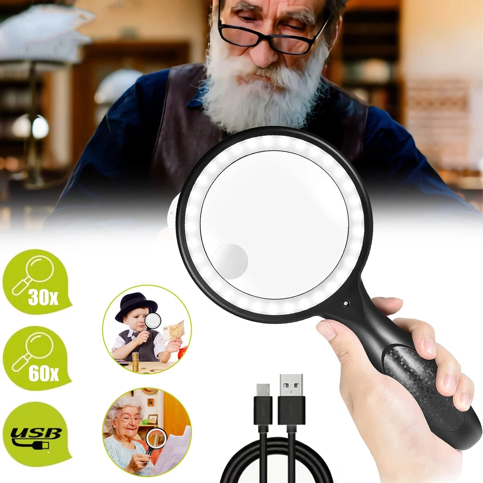 MARKENLOS Lupe mit Licht 30X 60X Beleuchtete Lupe 33 LED Handlupe Leselupe Juwelier Lupe