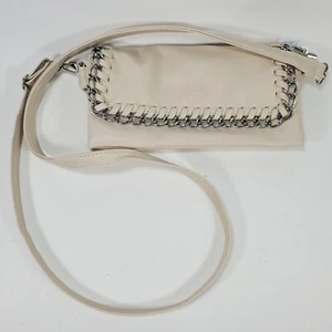 VTG Carpisa Small Hipster Purse Metal Chain Trim Stitched Crossbag Beige Silver - Picture 1 of 12