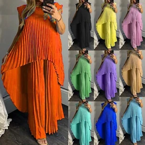 Ladies Women's Pleated High-Low Top and Wide Leg Trouser Co-Ord Set - Picture 1 of 14