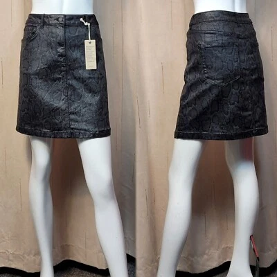 M&S Leather Look DENIM A-Line MINI SKIRT ~ Various Sizes ~ BLACK Snake Print - Image 1 of 4
