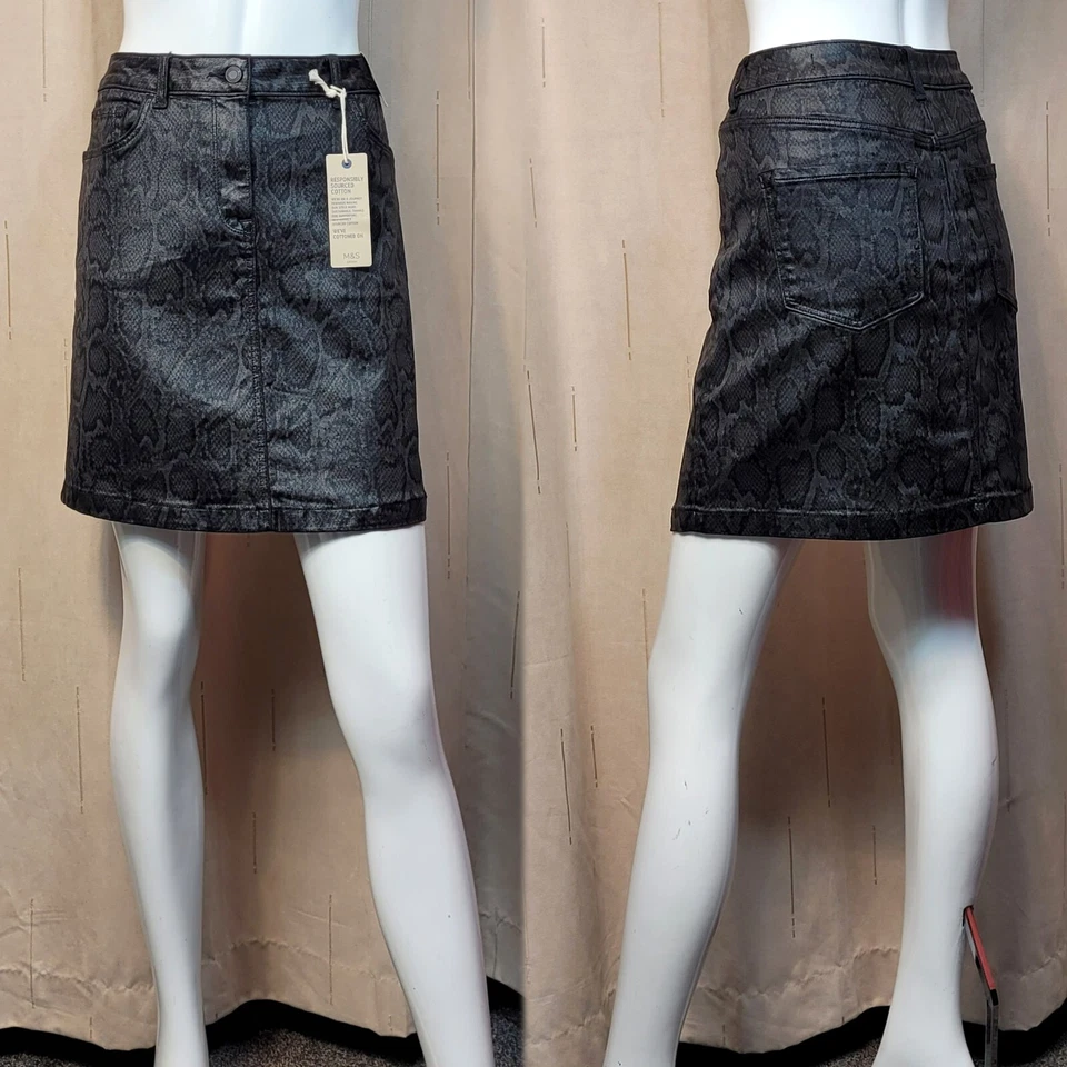 M&S Leather Look DENIM A-Line MINI SKIRT ~ Various Sizes ~ BLACK Snake Print - Image 1 of 4