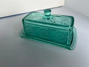 Pioneer Woman Adeline LG GLASS BUTTER DISH & LID Blue Green Turquoise Teal - Picture 1 of 4