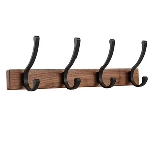 16 Inch Small Walnut Wood Coat Rack Wall Mount with 4 Hooks Adhesive & Drilli... - Picture 1 of 6