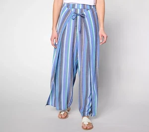 Susan Graver Soleil Regular Novelty Woven Tie Waist Pants Size M Navy NEW BOHO - Picture 1 of 10