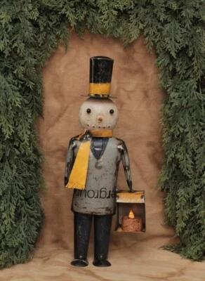 NEW Primitive SNOWMAN Figure w/TEALIGHT LANTERN BOX Recycled METAL 14.25"T - Image 1 of 3