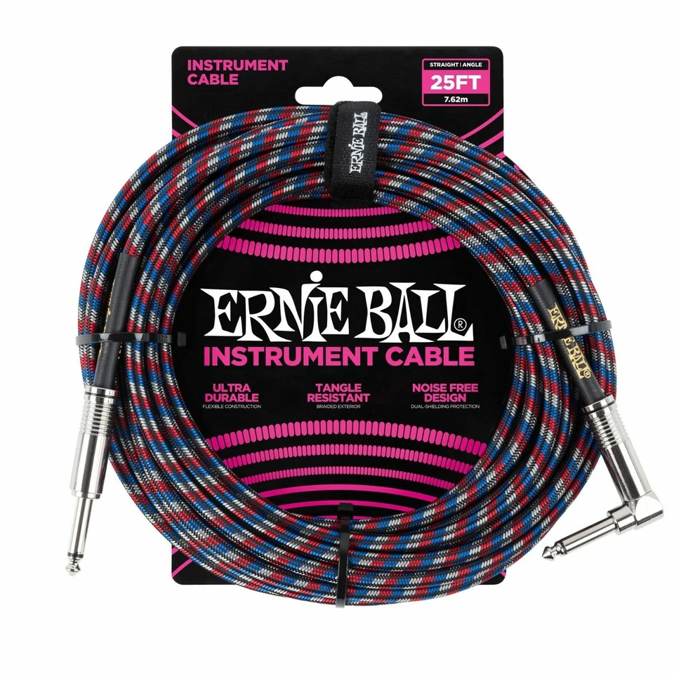 Ernie Ball 25ft Black/Red/White Braided Straight/Angle Instrument cable P06063 - Image 1 of 1