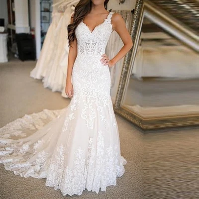 Elegant Mermaid Wedding Dresses V-Neck Lace Applique Tulle Bridal Gowns Train - Image 1 of 4