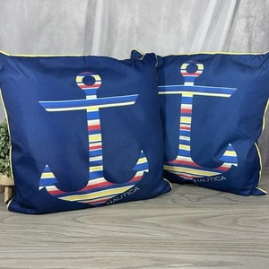 2 NAUTICA HOME Indoor Outdoor Pillows 20” Royal Blue Yellow Nautical Anchor - Picture 1 of 18