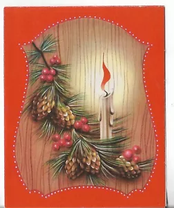 Vtg CHRISTMAS CARD-approx 4x5 Red w/Woodgrain Background Pinecones Candle - Picture 1 of 3