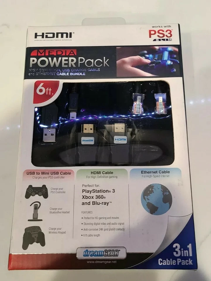 DreamGEAR PAQUETE DE CABLES 3 EN 1 Media Power HDMI USB A MINI USB ETHERNET PS3 DELGADO Foto 1 de 1