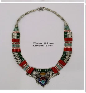 Tibetan silver Necklace Turquoise Coral bead mala handmade , N2b - Imagen 1 de 2