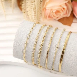 Dainty Gold Chain Bracelet Set for Women 18K Gold Plated Beaded Bracelets Herrin - Picture 1 of 7
