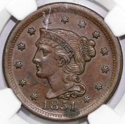 1851 1c N-3 Braided Hair Large Cent NGC AU 55 - Image 1 of 4