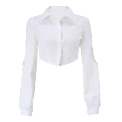 Sexy Women Cropped Shirt Top Blouse Hollow Out Party Night Bar Clubwear White - Image 1 of 4